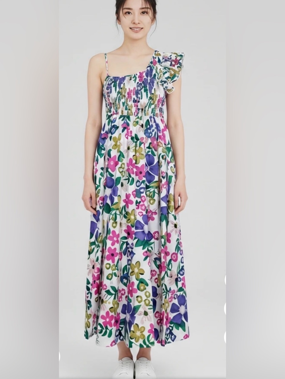 NWT Vernacular 100% Cotton One Shoulder Smocked Floral Maxi Dress Size M